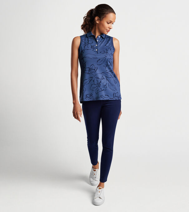 Tonal Floral Sleeveless Banded Button Polo