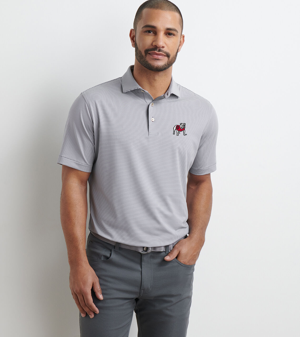 Georgia Standing Bulldog Jubilee Stripe Performance Polo