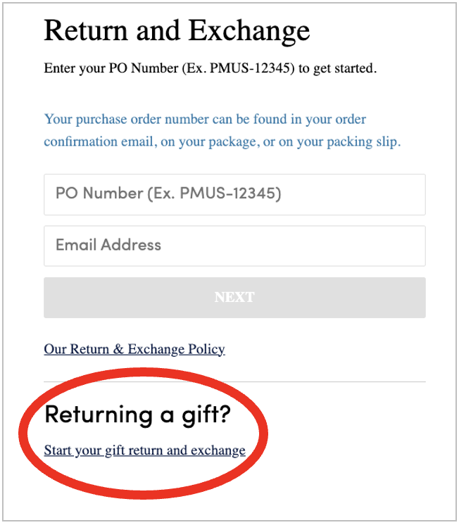 Screenshot of the Narvar returns interface that has a red circle around the link for returning gifts, which is in the second section called 'Returning a gift?'
