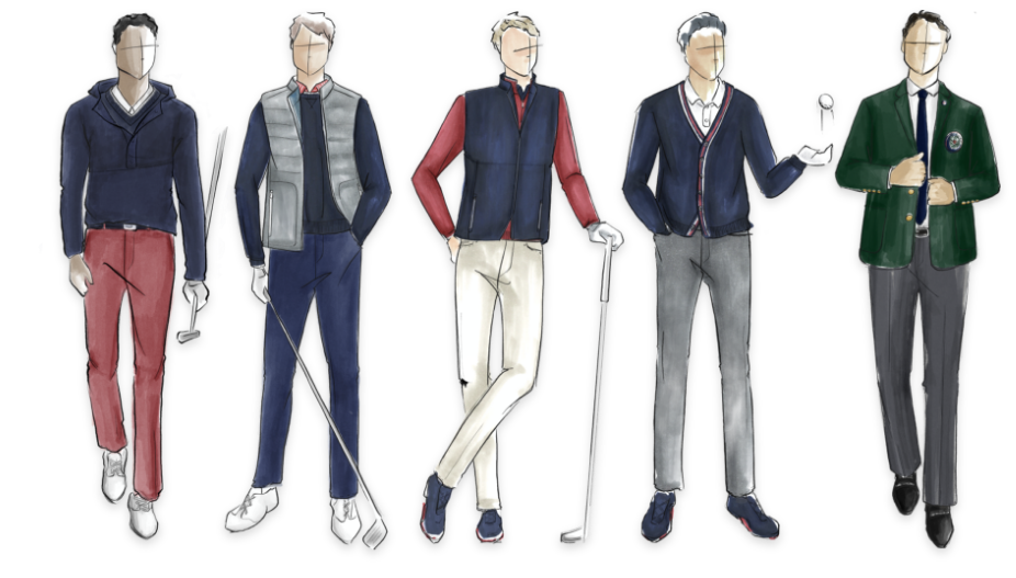 Colored Sketch of Five Golfers wearing Walker Cup Apparel